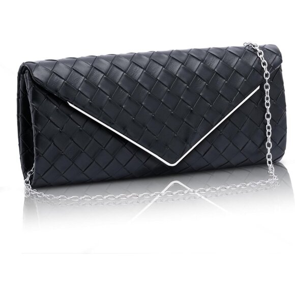 Women's Black 2 Clutch Purses Sparkling Envelope Evening Bag Detachable Chain - Picture 1 of 7